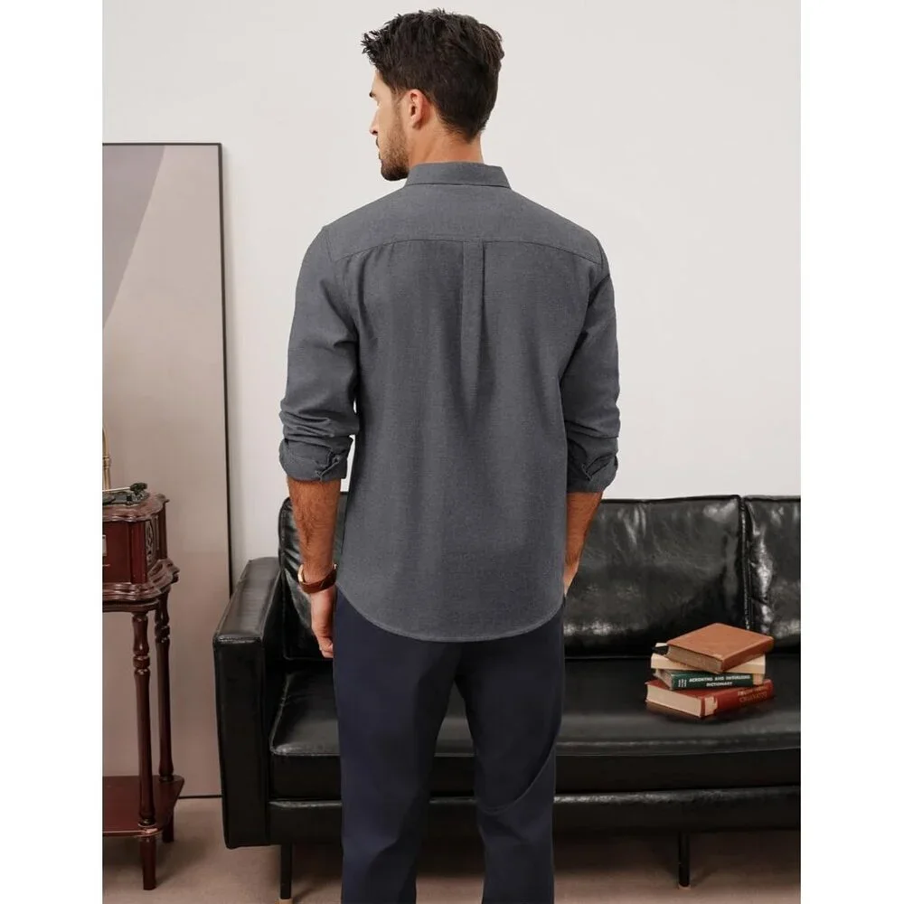 Men's Black Classic Fit Linen Long Sleeve Button Down Casual Shirts - Picture 5 of 6
